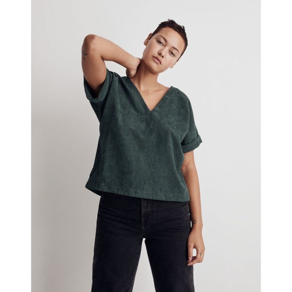 Madewell Corduroy V-Neck Top Sz S Green Cropped Fit Autumn Earthy Granola Girl